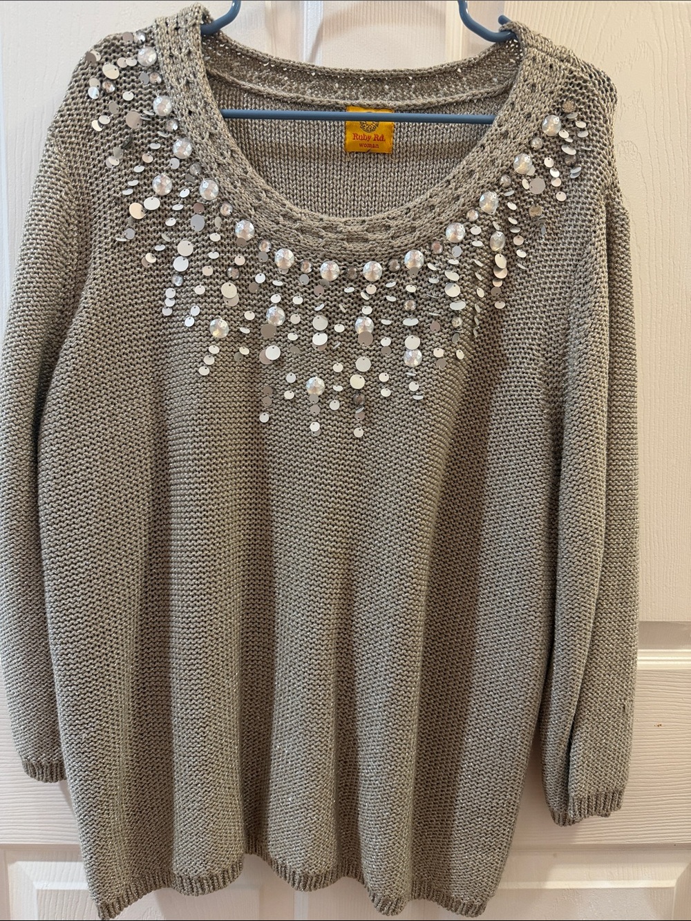 Ruby Rd. Gray Knit Sweater with Silver Bead & Sequin Neckline- Size PTP 25